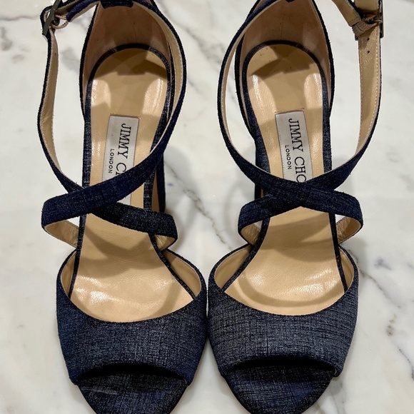 ** SOLD **. Jimmy Choo Denim Peep Toe, Strap Sandals - Picture 1 of 7
